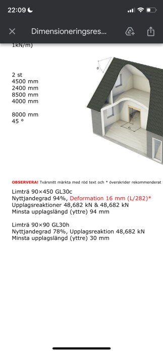 Ritning och specifikationer av limträbalk, inklusive dimensioner 90x450 GL30c och 90x90 GL30h, med deformationsvärden och uppslagsreaktioner.