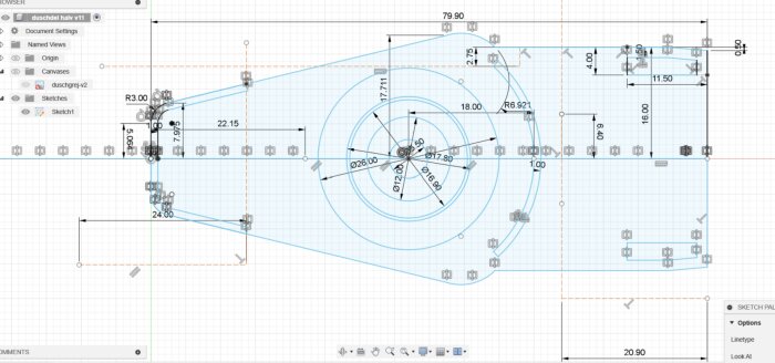 CAD-ritning med måttsatta linjer och cirklar som visar en teknisk design av en komponent för ett byggprojekt, inklusive dimensioner och detaljer för anpassning.