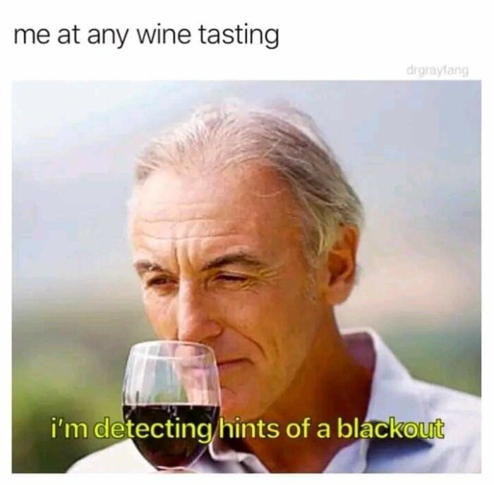 En äldre man håller ett glas rödvin nära ansiktet och ser eftertänksam ut. Texten ovan och under bilden lyder "me at any wine tasting" och "I'm detecting hints of a blackout".