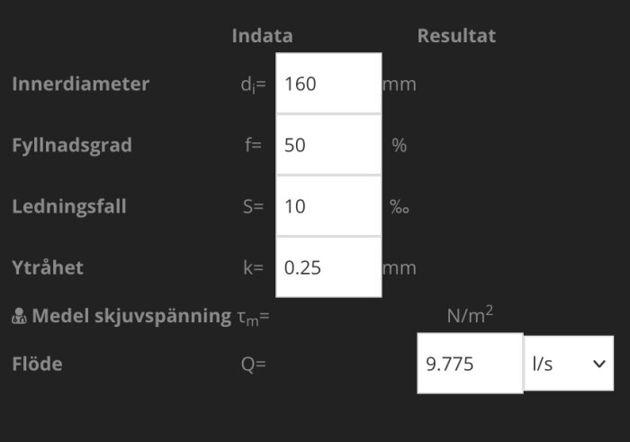 Beräkningsverktyg för spillvattenkapacitet visar flödet 9,775 l/s för 160 mm innerdiameter och 50% fyllnadsgrad, med 1% ledningsfall och ytråhet 0,25 mm.