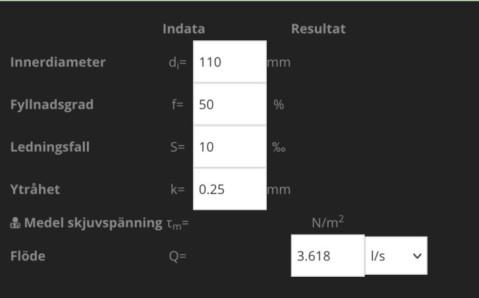 Beräkningsverktyg för spillvatten med data för innerdiameter 110 mm, fyllnadsgrad 50 %, ledningsfall 10 ‰ och flöde 3,618 l/s.