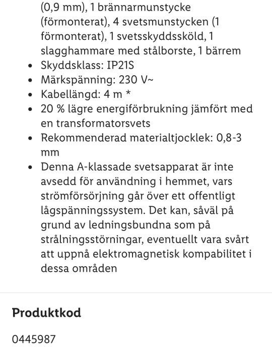 Text som beskriver specifikationer och användningsinformation för en svetsapparat från Lidl, inklusive skyddsklass, märkspänning och rekommenderad materialtjocklek.