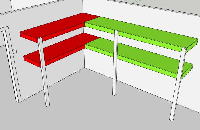 Garagesystem med hyllor i två sektioner; de till vänster är röda och redan byggda, de till höger är gröna och planerade att byggas.