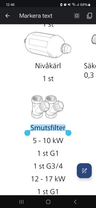 Illustration av smutsfilter och nivåkärl ur en manual för värmesystem. Texten anger specifikationer för smutsfilter: 5-10 kW, 1 st G1, 1 st G3/4, 12-17 kW.