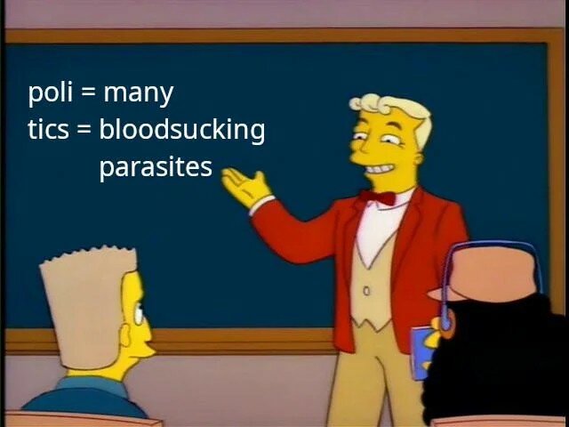 Tecknad karaktär i röd kavaj pekar på tavla med text som lyder "poli = many, tics = bloodsucking parasites" inför två åhörare i ett klassrum.