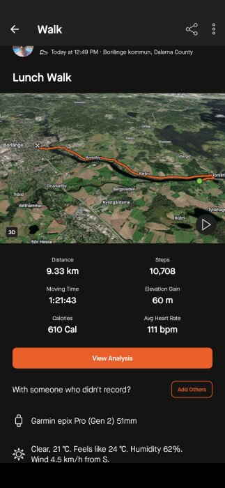 Karta över en vandring från Torsång till Borlänge med en sammanfattning av aktivitetens detaljer som sträcka (9,33 km), tid (1:21:43), steg (10 708) och kalorier (610 Cal).