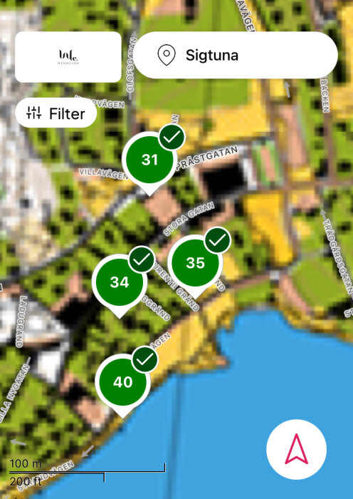 Karta över Sigtuna med markörer för byggprojekt på Prästgatan (31), Stora Gatan/Klas Horns Väg (34), Laurentiigränd/Prästgatan (35) och Skepparvägen (40).