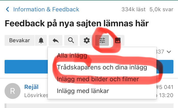 Bild av en diskussionstråd med en filtreringsmeny markerad i rött, visar alternativ som "Alla inlägg" och "Trådskaparen och dina inlägg" för premiummedlemmar.