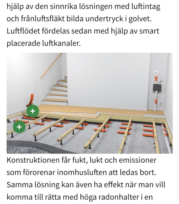 Bild på ventilationssystem under installation i golvet med luftkanaler och ventiler synliga. Bakgrunden visar en trappa och en vägg med eluttag.