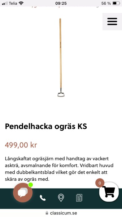 Skärmdump av produktbeskrivning för pendelhacka ogräs KS med träskaft och vridbart huvud till priset 499,00 kr.