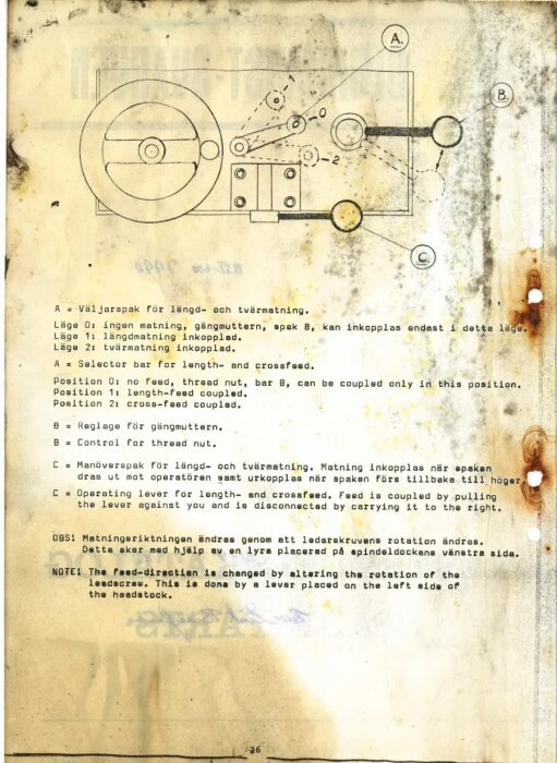 Manualsida med bild av en växellåda och spakar för matning i en svarv, inklusive text på svenska och engelska om inställning av längs- och tvärmatning.