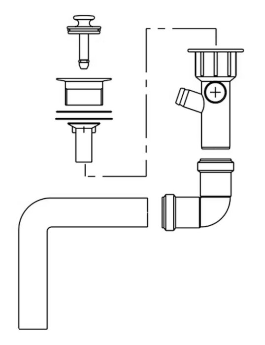 Illustration av en avloppssats från Franke, innehållande bottenventil, tätning och rakt vattenlås med röranslutning.