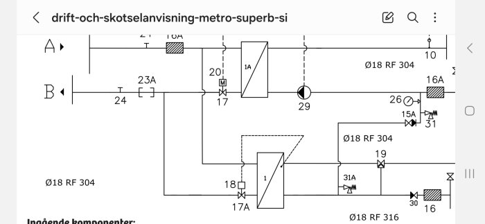 Systemritning som visar en fjärrvärmeinstallation med ventiler 17 och 17A, samt flödesvägar genom rören. Titeln är "drift- och skötselanvisning Metro Superb Si".