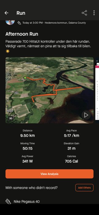 Skärmbild av en träningsapp som visar en löprunda på 9,50 km nära Hedemora kommun. Kartan visar löpspår i orange, och statistik inkluderar tid, hastighet, höjd, och kalorier.