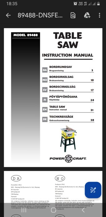 Instruktionsmanual för modell 89488 bordssåg från Power Craft, med rubriker och sidnummer på flera språk.