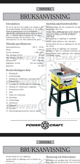 Bruksanvisning för en bordscirkelsåg från Power Craft med tekniska specifikationer, säkerhetsföreskrifter och en bild av sågens delar.