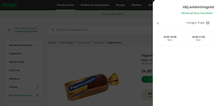 Skärmavbild av Stora Coop Bodens webbplats visar Pågenlimpan samt val av upphämtningstid.