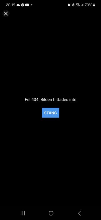 Fel 404-meddelande på en mobilskärm med texten "Bilden hittades inte" och en knapp för att stänga felmeddelandet.