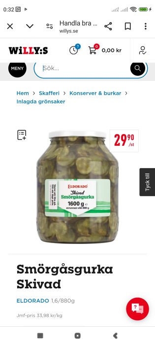 Bild på en glasburk med Eldorado Skivad Smörgåsgurka på en webbsida från matbutiken Willy:s. Priset är 29,90 kr per burk.