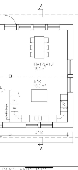 Ritning över ett kök och matplats på 18 kvadratmeter vardera. Kök med kyl, frys, diskho vid fönster, spis och ugn nära ytterväggen och en central köksö.