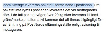 Skärmbild av text som beskriver PostNords leveransvillkor inom Sverige, inklusive leverans till brevlåda, ytterdörr, tomtgräns eller utlämningsställe beroende på paketets vikt.