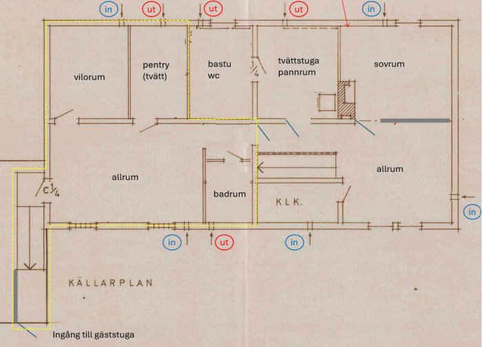 Planritning över källarplan med rum för gäststuga, vilorum, pentry, bastu, tvättstuga, pannrum, sovrum, allrum, badrum och klädkammare. In- och utlufthål markerade.