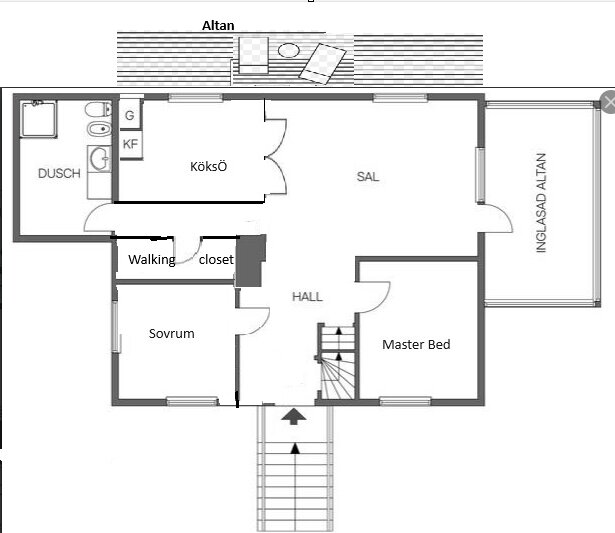 Planritning av ett hus med områden markerade som Hall, Sovrum, Master Bed, Walking Closet, Sal, Köksö, Dusch och Altan.