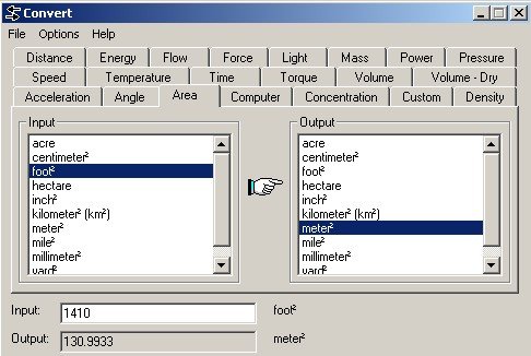 Ohjelman käyttöliittymä ruutukaappauksessa, jossa yksiköitä muunnetaan square footista square metriin Convert.exe-ohjelmassa.