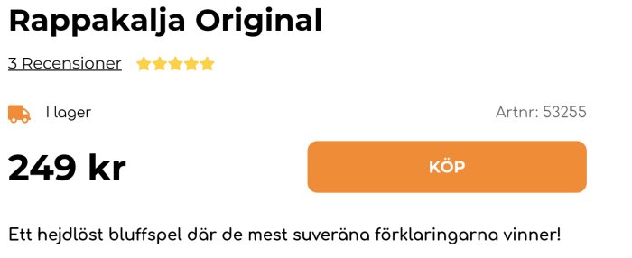 Produktbild av sällskapsspelet "Rappakalja Original" med pris 249 kr. Inkluderar recensioner, lagersaldo och köpknapp, samt beskrivning som bluffspel.