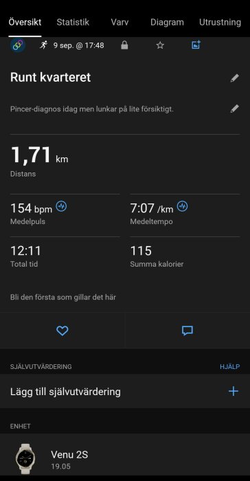 Översikt av en löprunda på 1,71 km, med medelpuls på 154 bpm, medeltempo på 7:07 min/km och total tid 12:11. Summa kalorier 115. Enheten är Venu 2S.