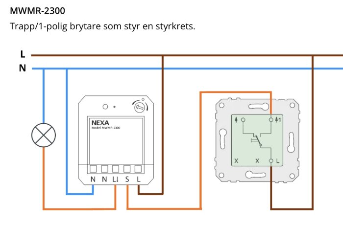 Kopplingsschemat för en trapp/1-polig brytare MWMR-2300 från Nexa som visar ledningarnas anslutningar mellan strömkällan, brytaren och en lampa.