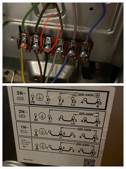 Två bilder visar ett kopplingsschema och en närbild på terminaler med anslutna ledningar i en elektrisk spis, en ledning markerad med röd cirkel.