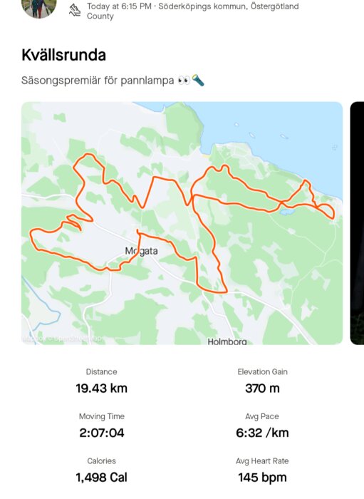 Kvällsrunda i Söderköpings kommun med pannlampa; karta med rutt, 19,43 km distans, 370 m höjdökning, 2:07:04 tid, 6:32/km snittfart, 1 498 kalorier, 145 bpm puls.