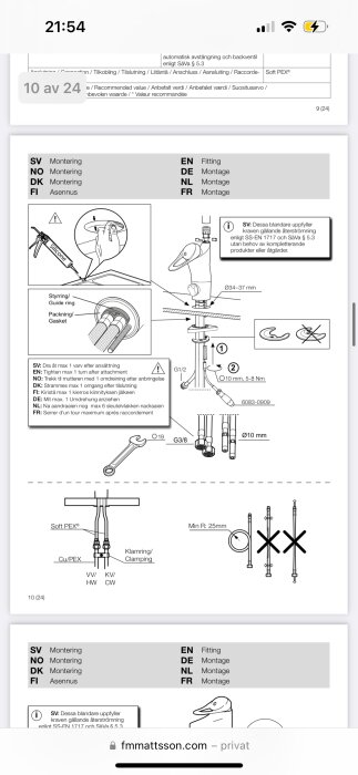 Illustration av monteringsanvisning för köksblandare FM Mattsson 9000E II, med instruktioner på flera språk och ingående komponenter visade.