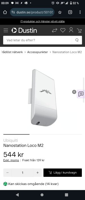 Produktbeskrivning av Ubiquiti Nanostation Loco M2, en trådlös brygga för riktade antenner, pris 544 kr exklusive moms på Dustin.