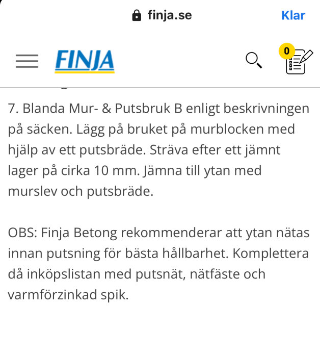 Skärmdump från finja.se som visar instruktioner för blandning och applicering av mur- och putsbruk B, inklusive rekommendation att näta ytan för bästa hållbarhet.