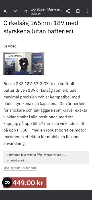 Produktannons för en cirkelsåg 165mm 18V med styrskena (utan batterier) från Toolab.se, pris 449,00 kr.