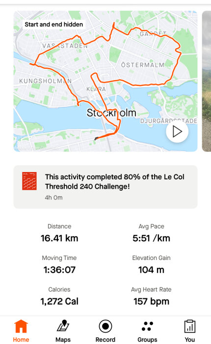 Träningsrunda i Stockholm visar rutt som börjar och slutar i närheten av Vasastan, totalt 16,41 km, 1:36:07 timmars tid, 104 m stigning, 1272 kalorier, puls 157 bpm.