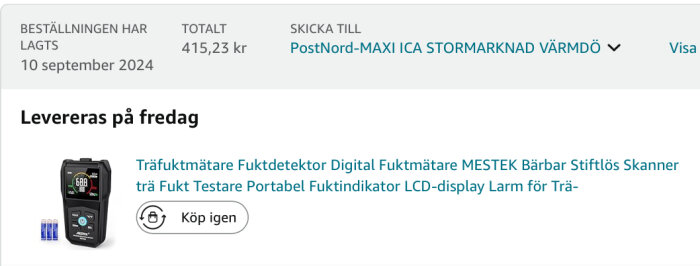 Beställningsbekräftelse för digital fuktmätare med LCD-display. Beställningen har lagts den 10 september 2024 och kostar 415,23 kr, leverans på fredag.