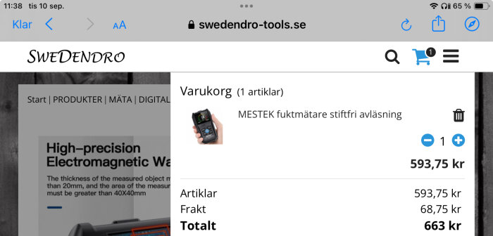 Produktkorg på Swedendro-tools.se, innehållande en MESTEK fuktmätare stiftfri avläsning till priset av 593,75 kr.