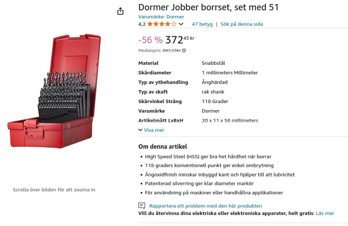 Röd fodral med Dormer Jobber borrset innehållande 51 borr i olika storlekar. Produktbeskrivning och pris inkluderade i bilden.