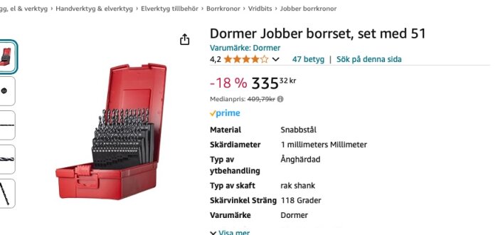 Dormer Jobber borrsats, set med 51 delar i röd låda från Dormer på Amazon, rabatterat pris 335,32 kr med 18 % rabatt. Inkluderar detaljer om material och dimensioner.