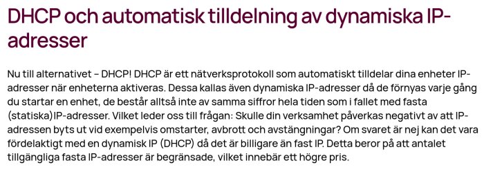 Textbild som beskriver skillnaden mellan dynamisk och statisk IP-tilldelning via DHCP, samt fördelar och nackdelar för företag.