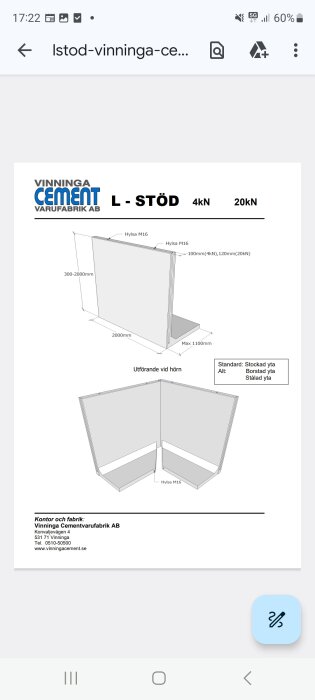 Ritning av L-stöd från Vinninga Cementvarufabrik AB med dimensioner och specifikationer, inklusive M16 lyftöglor och stockad, borstad eller stålad yta.