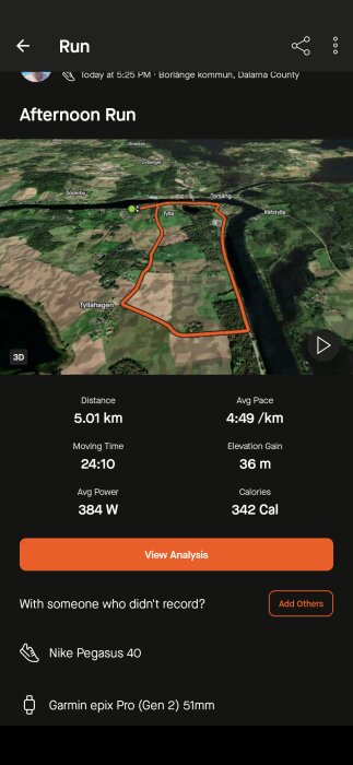 Karta över en löprunda på 5,01 km nära Torsång med angivna statistik som tid (24:10), snittfart (4:49/km), höjdökning (36 m), effekt (384 W) och kaloriförbrukning (342 Cal).