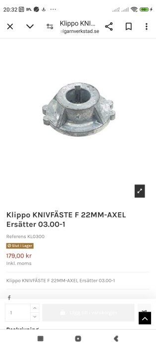 Bild på ett Klippo knivfäste för 22 mm-axel, referensnummer KL0300, som ersätter 03.00-1, med pris på 179 kr, finns inte i lager.