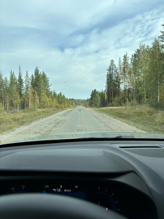 Grusväg genom en skog med höstlöv sett från insidan av en bil, med instrumentbrädan synlig nederst i bilden.