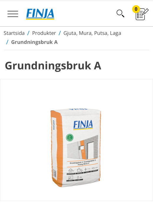 En förpackning Grundningsbruk A från Finja, visad på en webbsida under sektionen "Gjuta, Mura, Putsa, Laga".