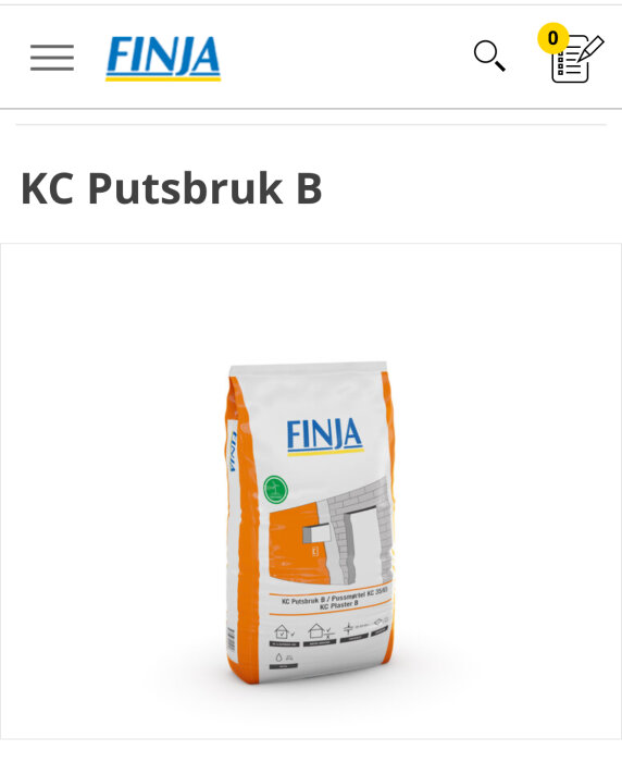 Säck med byggmaterial från Finja märkt med "KC Putsbruk B" som används för grundning, nätning och putsning av väggar.