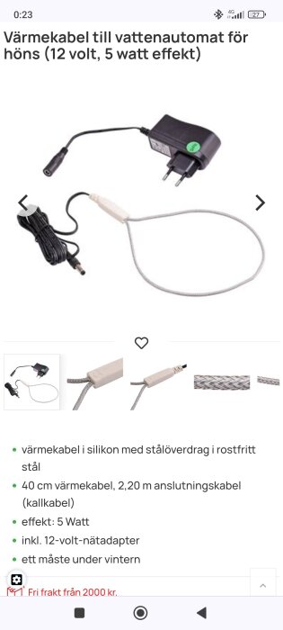 Värmekabel till vattenautomat för höns, 12 volt, 5 watt effekt, med nätadapter och silikonöverdrag i rostfritt stål. Produktbeskrivning och specifikationer synliga.